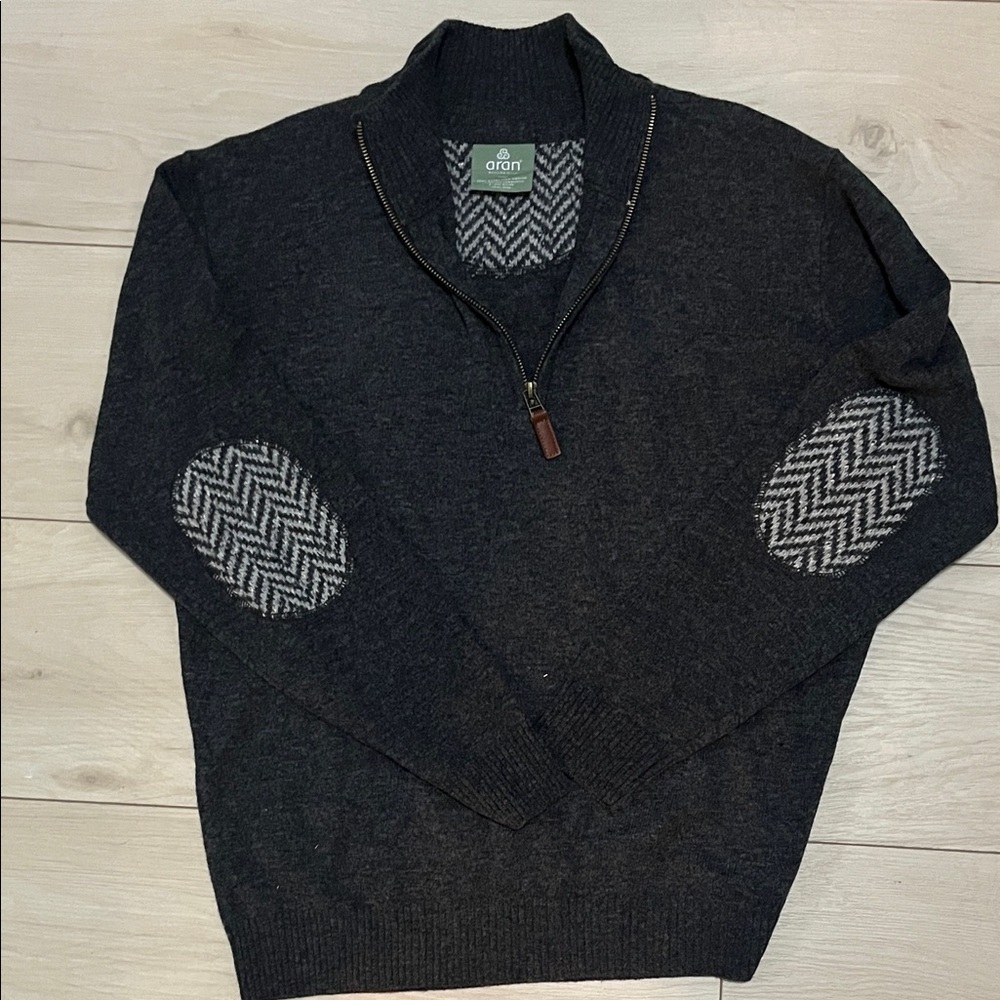 Aran Men's Charcoal Zip-Up Sweater with Patterned Elbow Patches